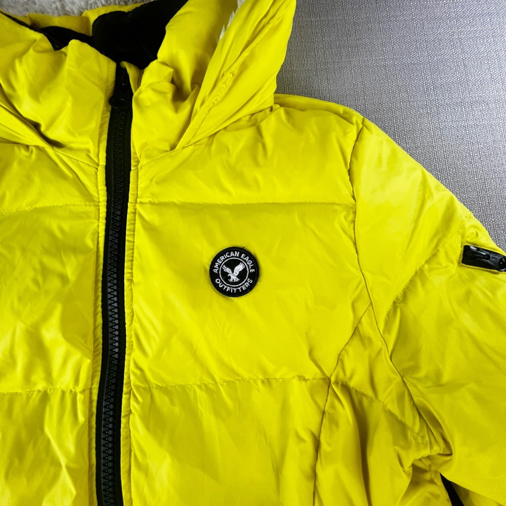 American‎ Eagle Puffer Jacket Womens L Yellow Down Fill Sherpa Hood 08/14 1919